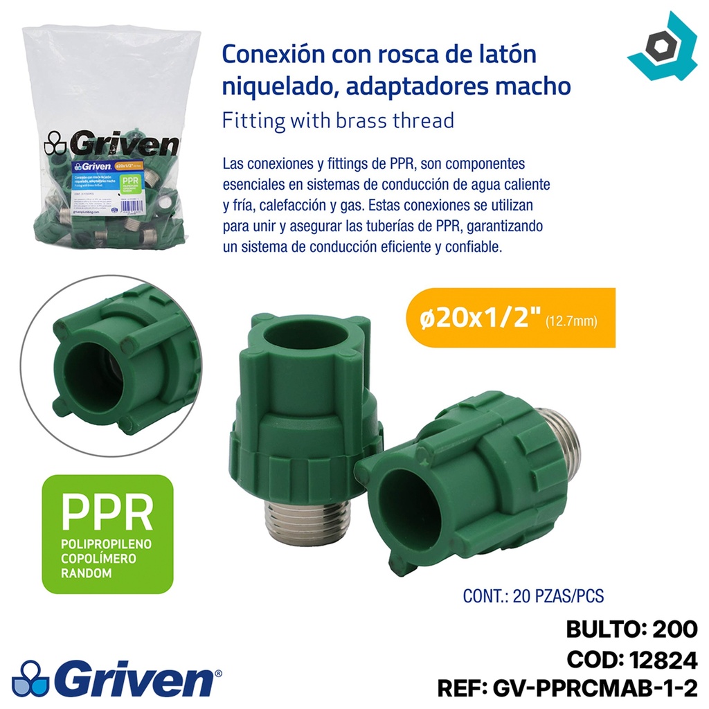 ADAPTADOR ROSCA MACHO PPR 25MM X 1/2" CXMR-MET GRVEN