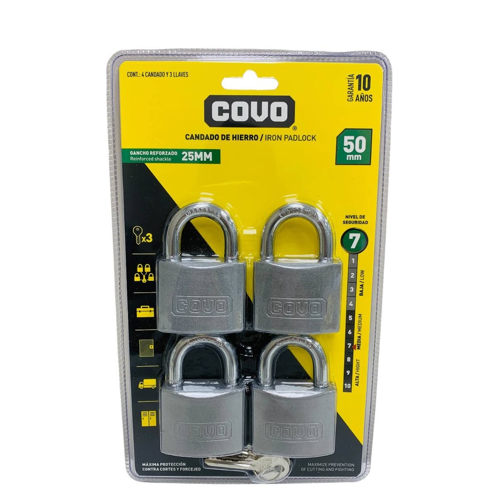 SET DE CANDADOS 50 MM DE HIERRO 4 PZAS COVO