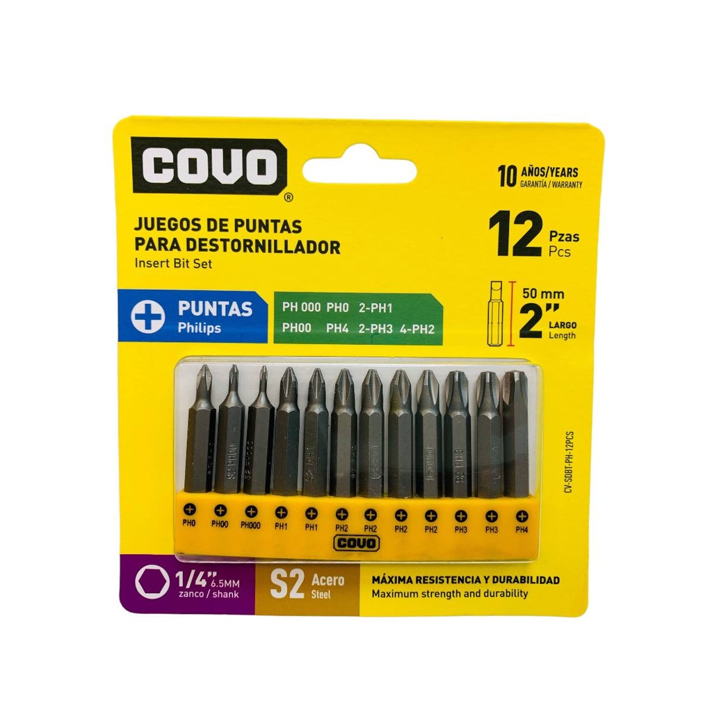 JUEGO DE PUNTAS DE ESTRIA PH 12 PZAS PARA DESTORNILLADOR COVO