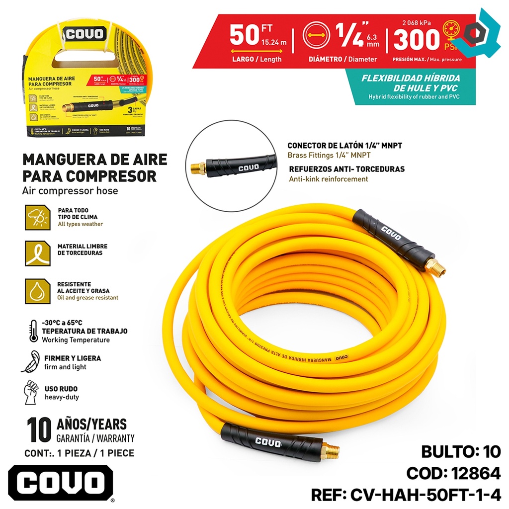 MANGUERA DE AIRE 1/4" PARA COMPRESOR 15.24M COVO