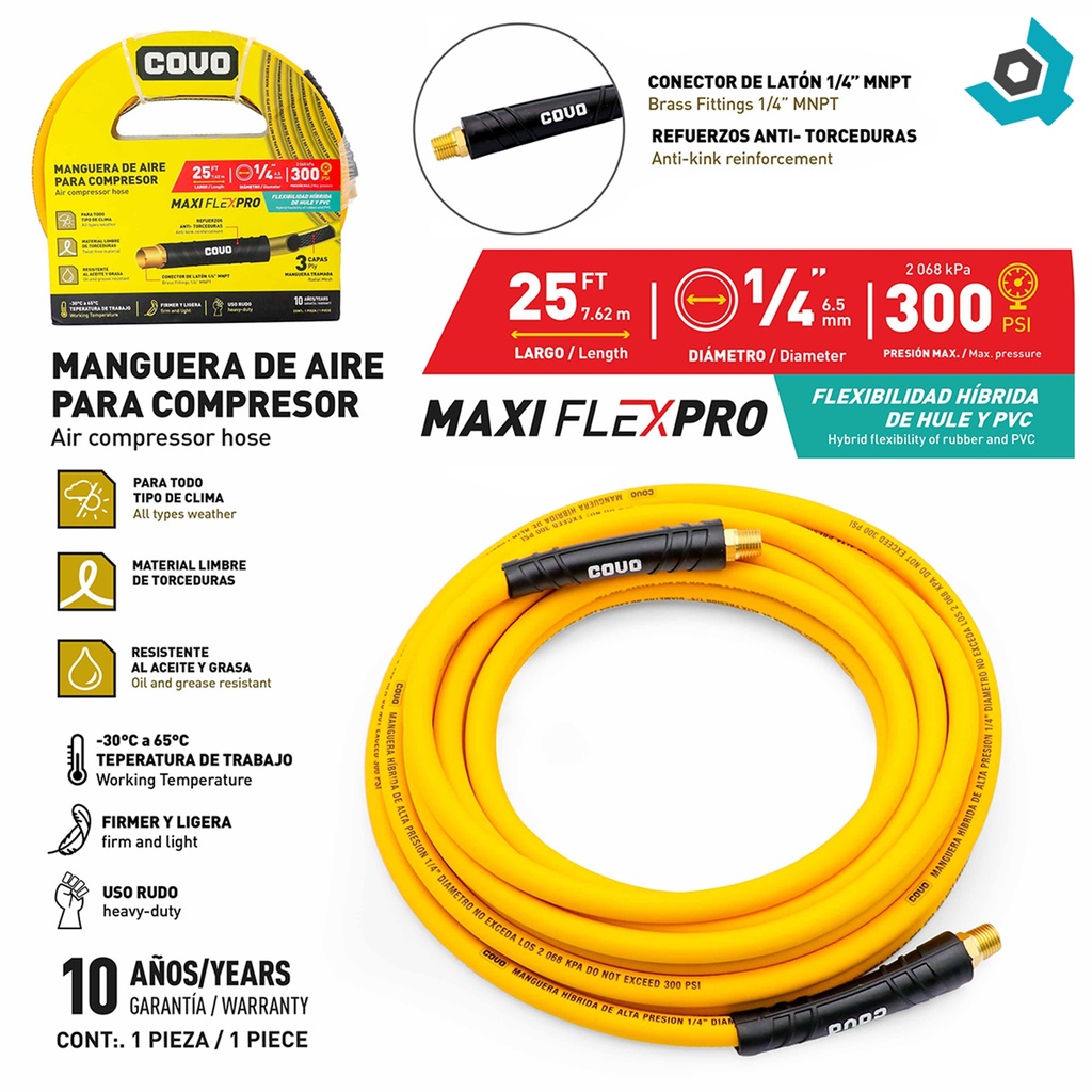 MANGUERA DE AIRE 1/4" PARA COMPRESOR 7.62M COVO