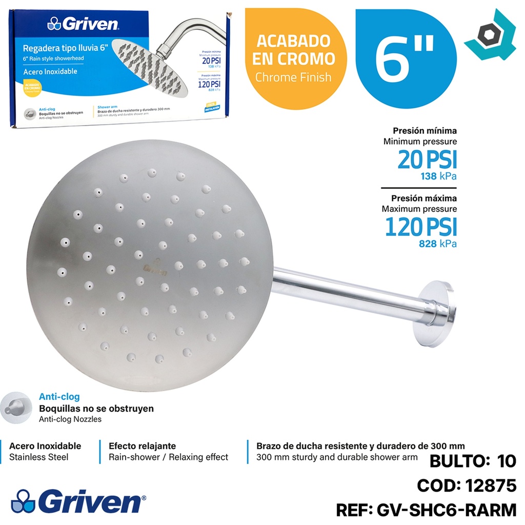 REGADERA TIPO LLUVIA 6" CROMADA REDONDA GRIVEN