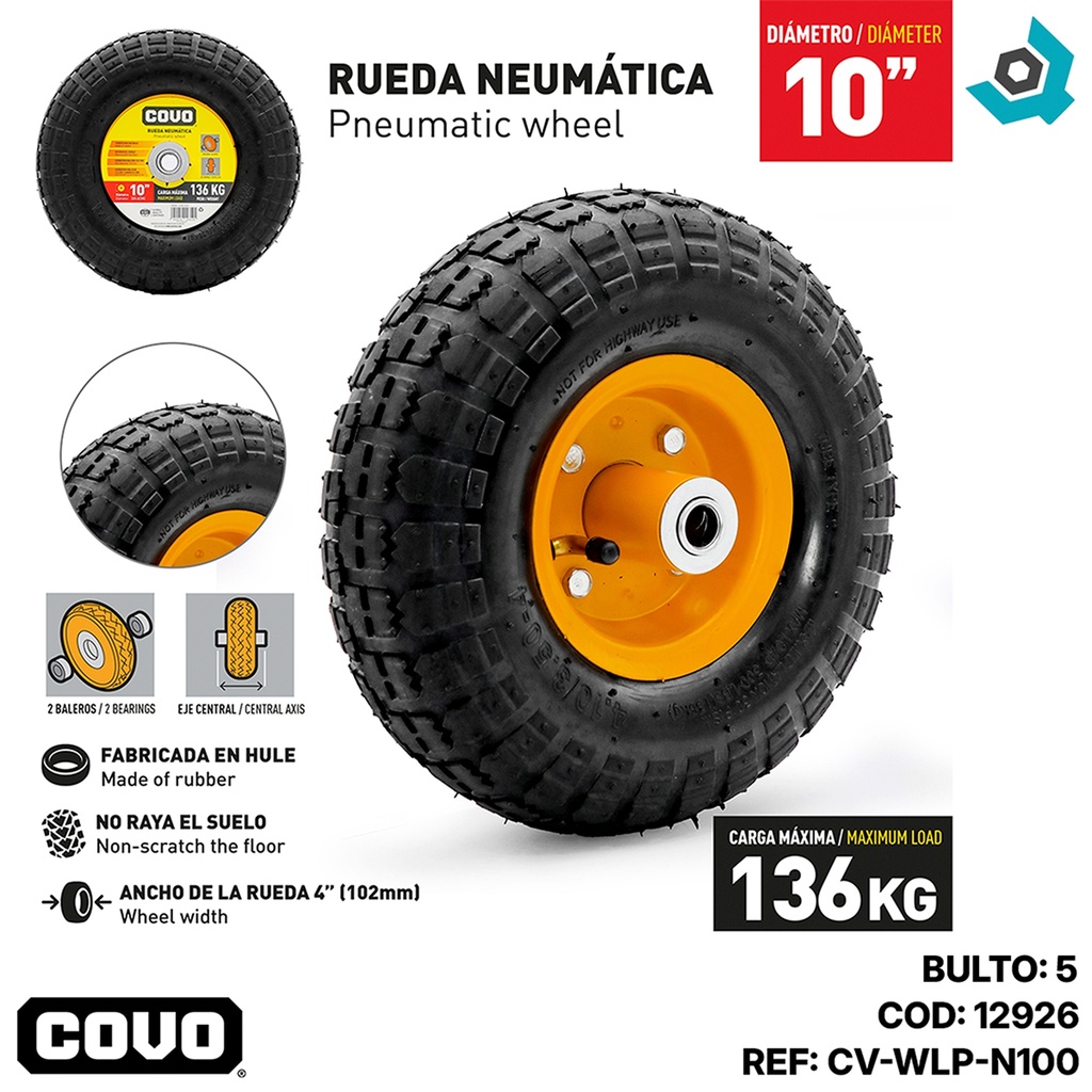 RUEDA NEUMATICA CON RIN PARA CARRETILLA 10" COVO