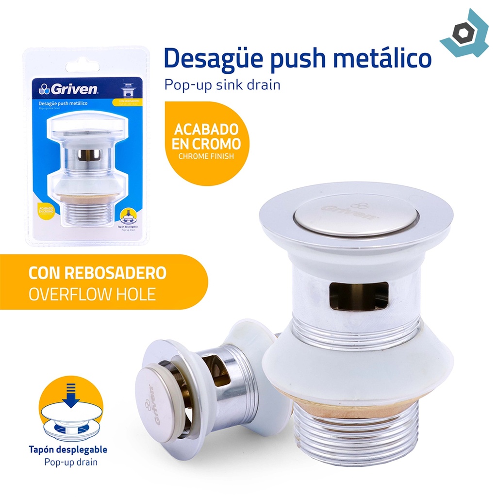 DESAGUE PUSH METALICO CROMADO CON REBOSADERO GRIVEN
