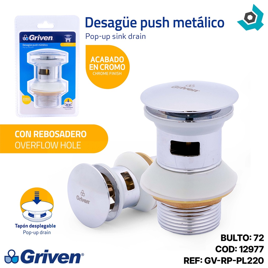 DESAGUE PUSH METALICO CROMADO CON REBOSADERO GRIVEN