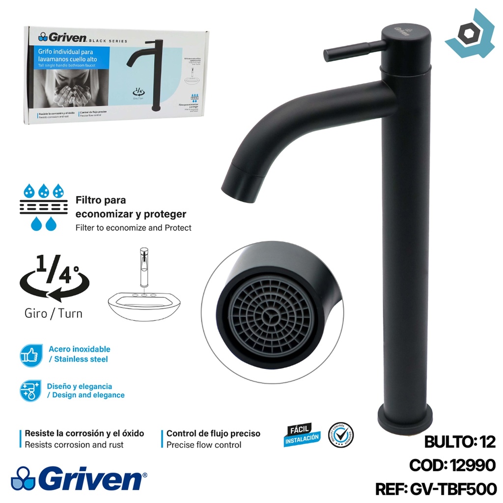 GRIFERIA INDIVIDUAL PARA LAVAMANOS NEGRO MATE GRIVEN