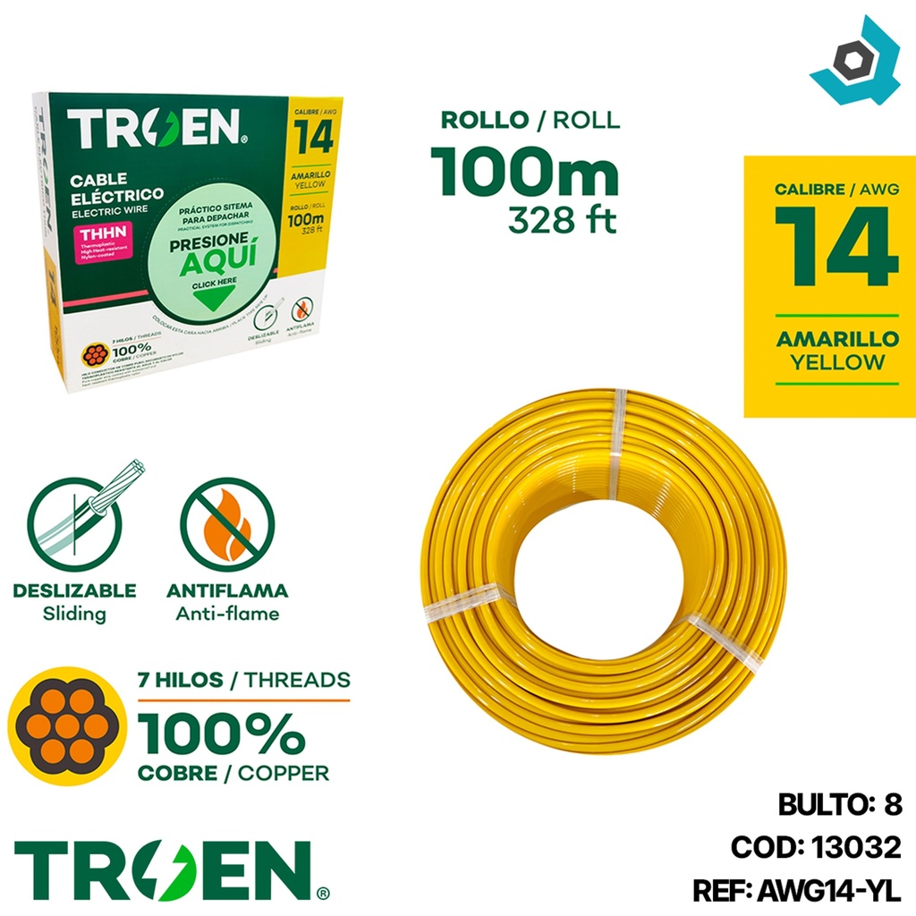 CABLE ELECTRICO 14 AWG AMARILLO 7 HILOS TROEN
