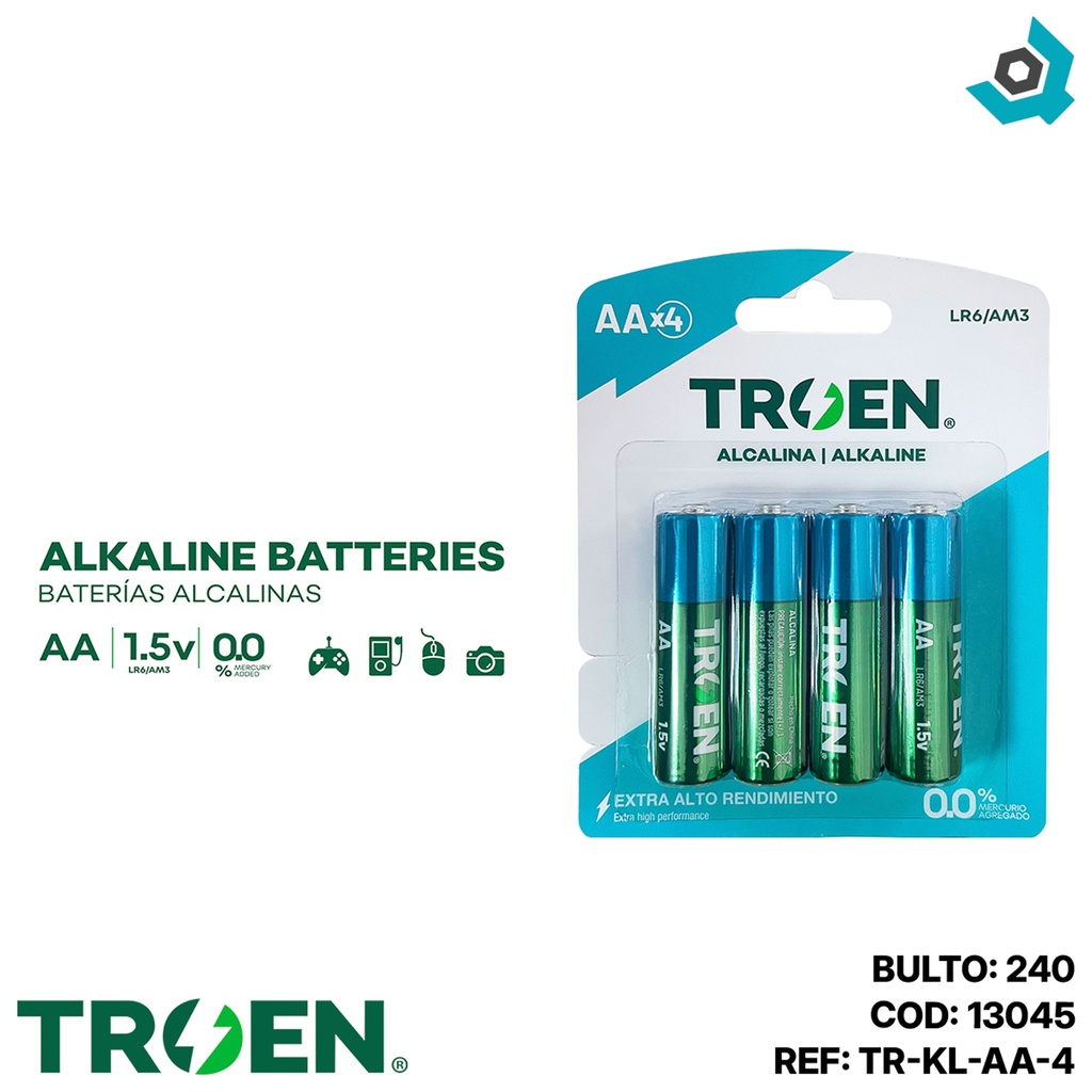 BATERIAS AA ALCALINAS 4PZAS TROEN