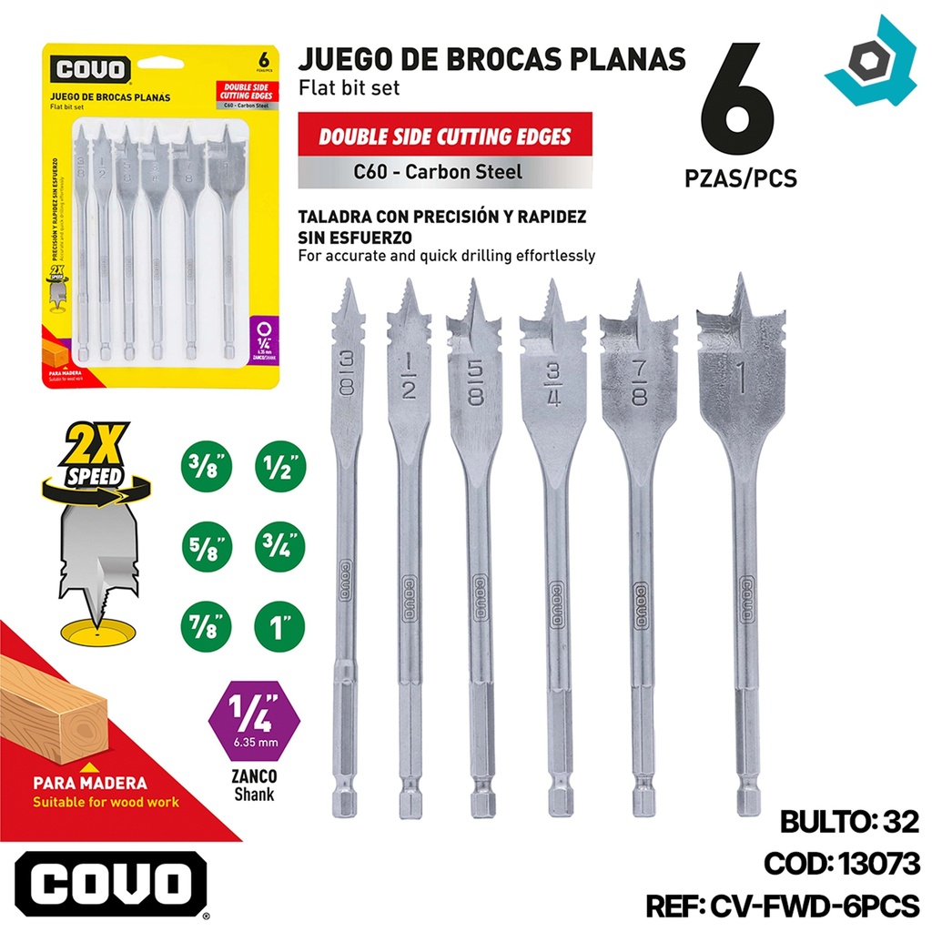 SET DE MECHAS PLANAS PARA MADERA 6PZAS COVO
