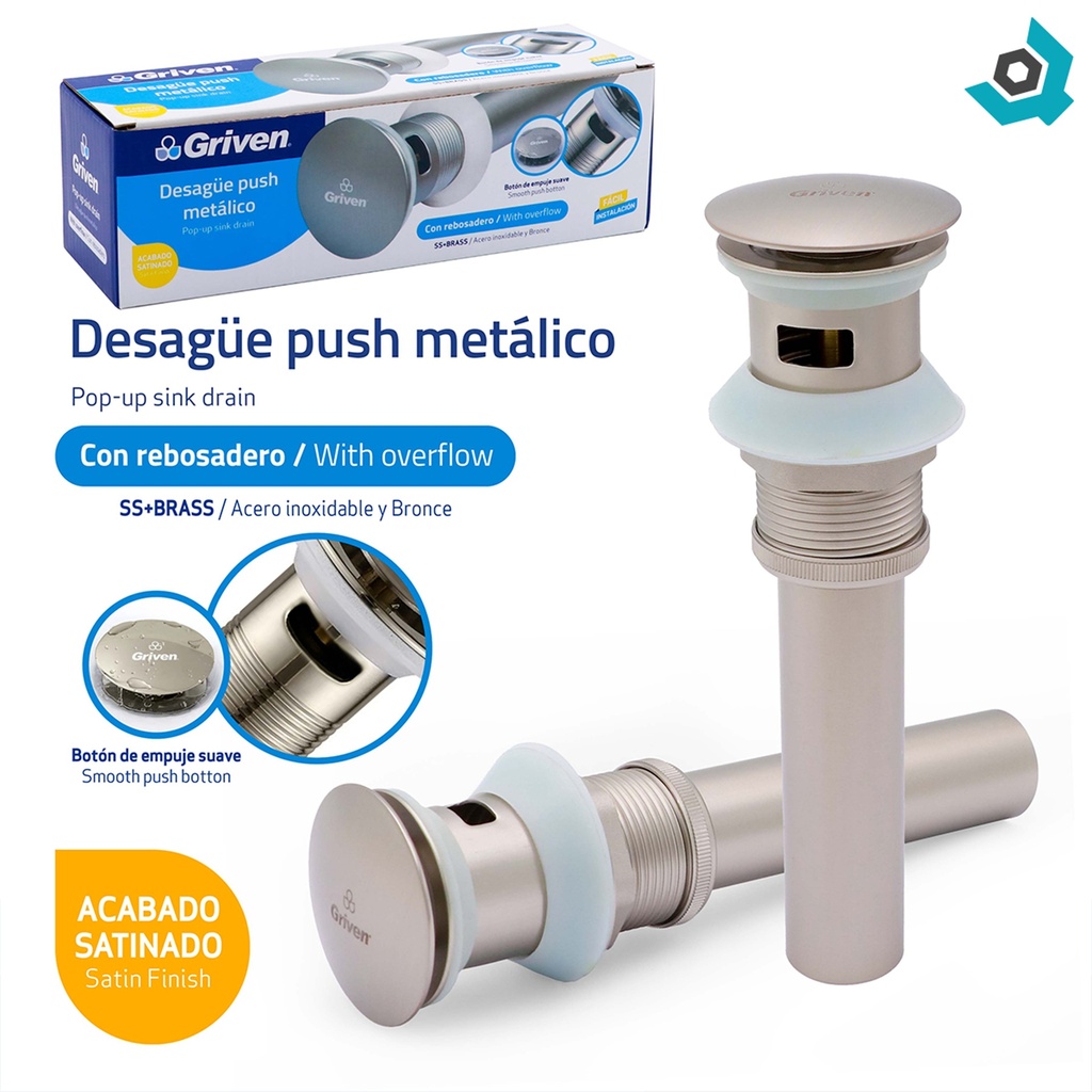 DESAGUE PUSH METALICO CON REBOSADERO SATINADO GRIVEN