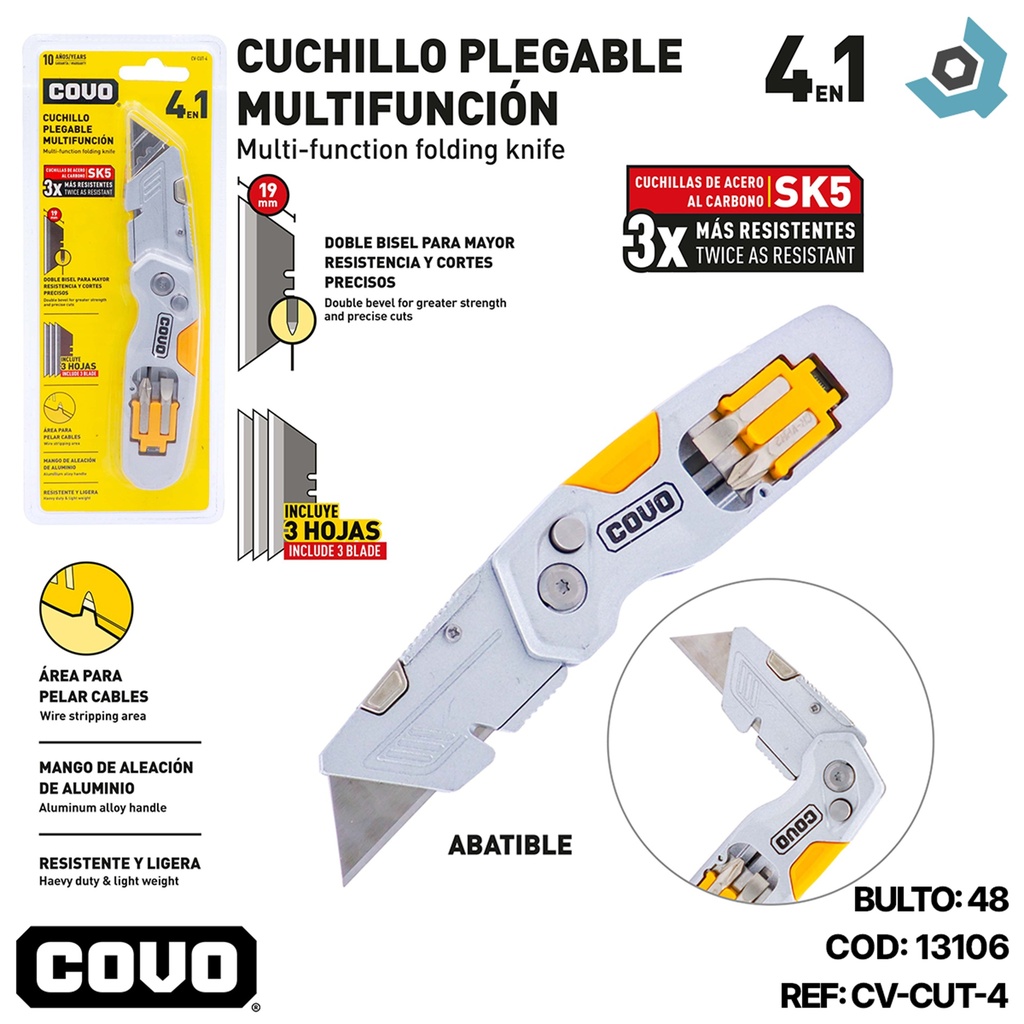 CUCHILLO PLEGABLE MULTIFUNCION 4 EN 1 COVO