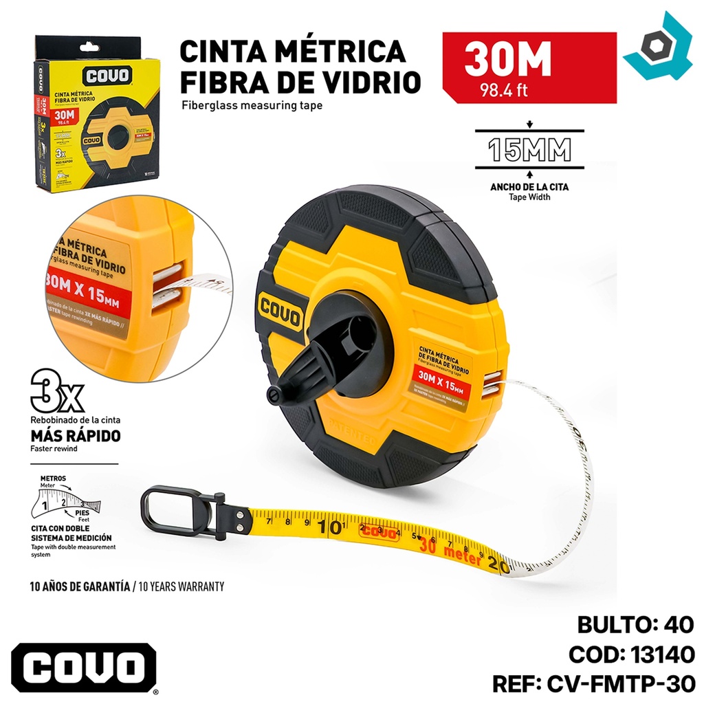 CINTA METRICA 30M FIBRA DE VIDRIO COVO