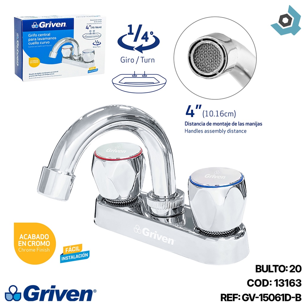GRIFERIA CENTRAL PARA LAVAMANOS CROMADO GRIVEN
