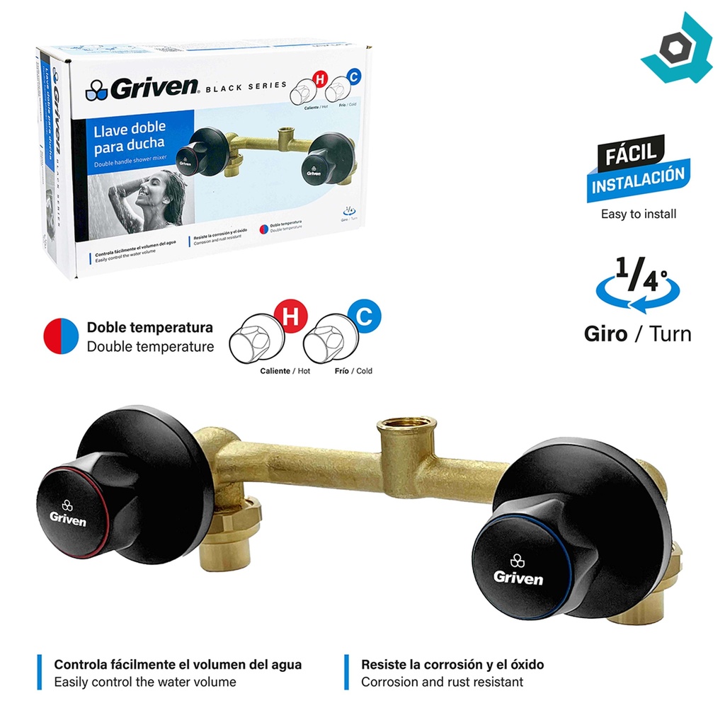 LLAVE DOBLE PARA DUCHA NEGRO MATE GRIVEN