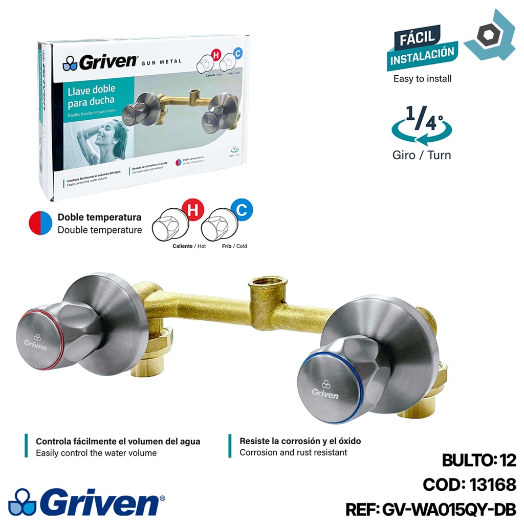 LLAVE DOBLE PARA DUCHA GRIS METALICO GRIVEN