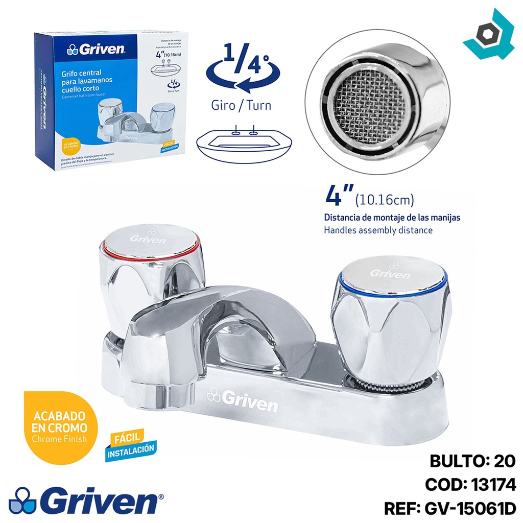 GRIFERIA CENTRAL PARA LAVAMANOS CROMADO GRIVEN