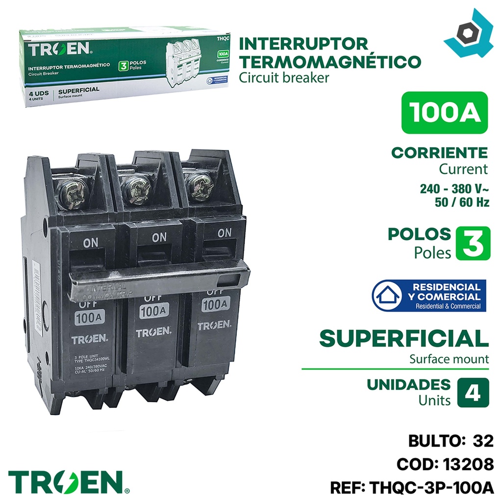 BREAKER SUPERFICIAL TERMOMAGNETICO 100A 3P TROEN