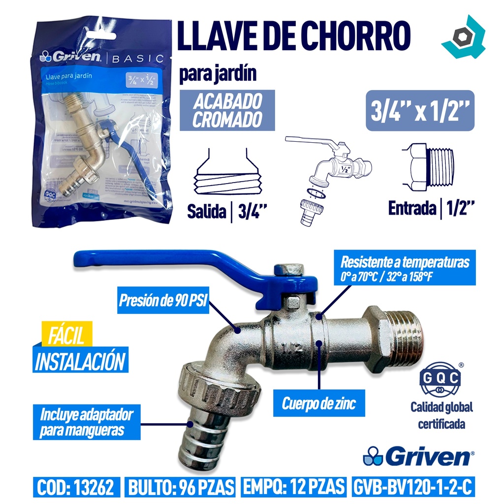 LLAVE DE CHORRO 3/4" X 1/2" GRIVEN BASIC