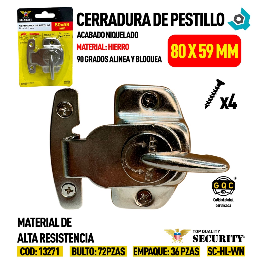 CERRADURA DE PESTILLO 80X59MM NIQUELADO SECURITY