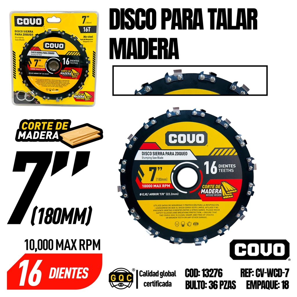 DISCO SIERRA PARA TALLAR MADERA 7" COVO