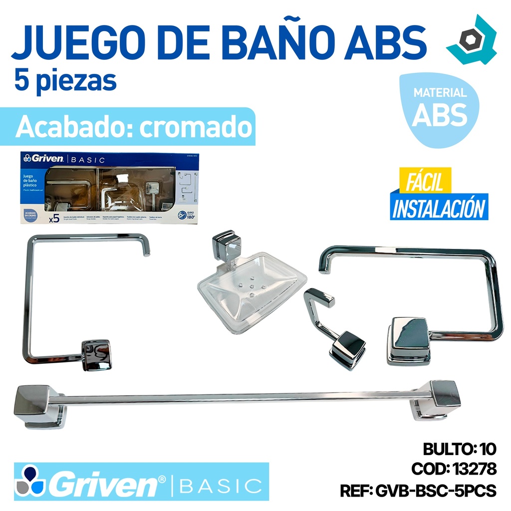 JUEGO DE BAÑO ABS 5 PZAS CROMADO GRIVEN BASIC