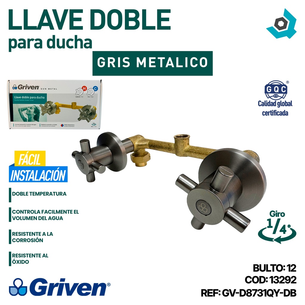 LLAVE DOBLE CRUZ PARA DUCHA GRIS METÁLICO GRIVEN GUN METAL