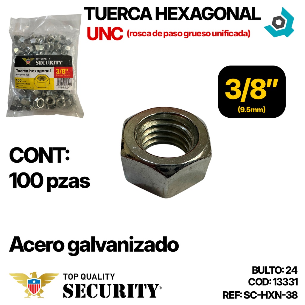 TUERCA HEXAGONAL 3/8" 100 PZAS SECURITY