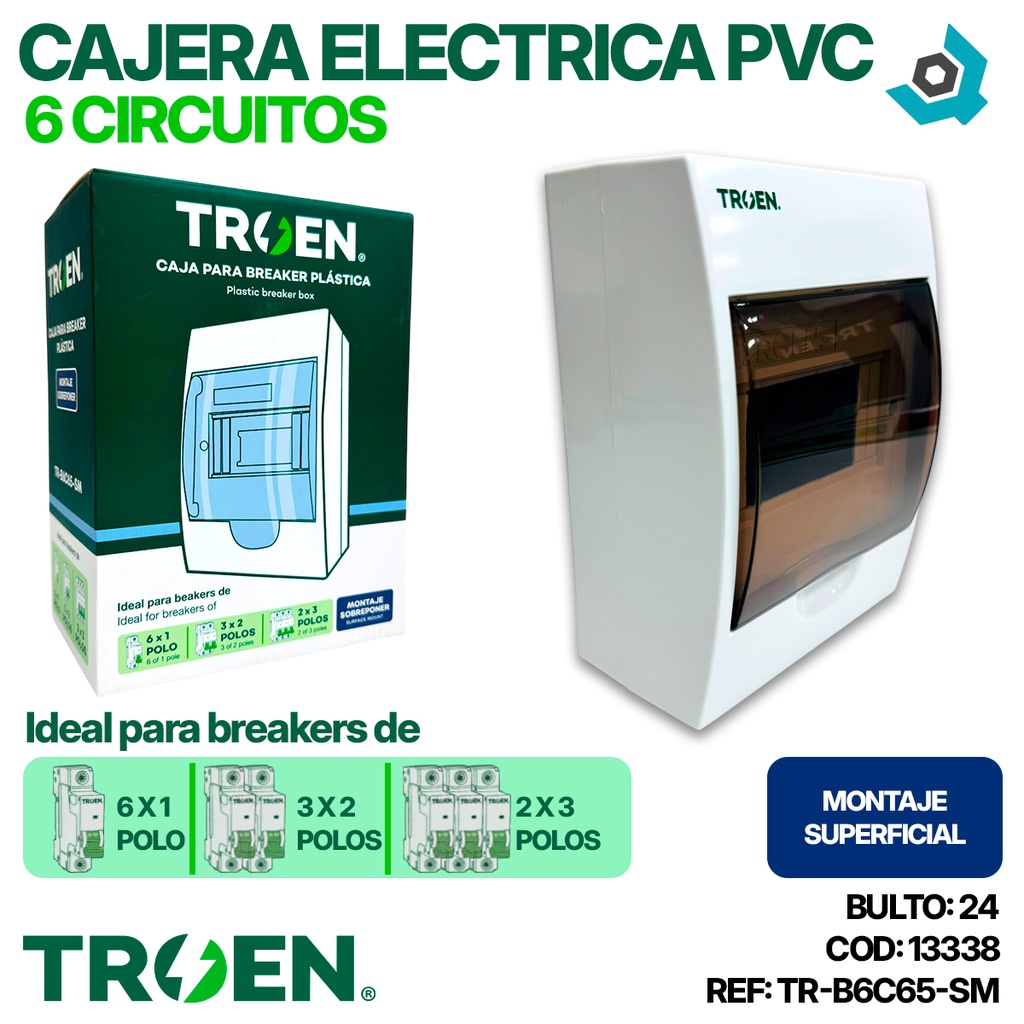 CAJERA ELECTRICA 6 CIRCUITOS SUPERFICIAL PVC TROEN