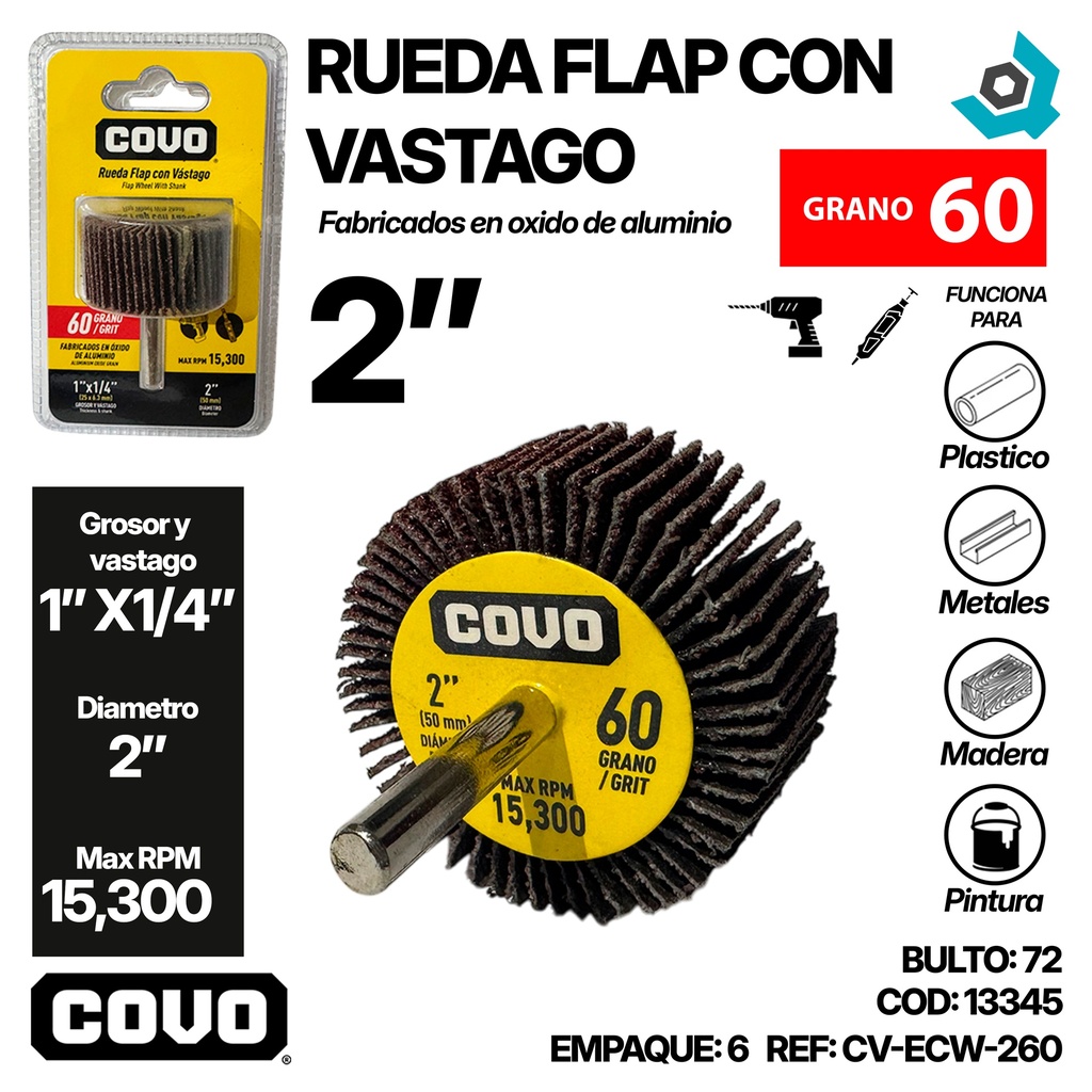 RUEDA FLAP 2" CON VASTAGO GRANO 60 COVO