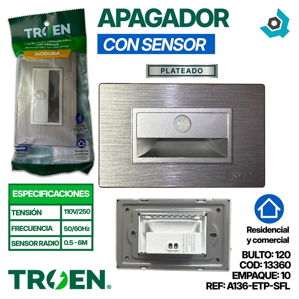 LUZ DE PASO CON SENSOR 1.5W 3000K PLATEADO TROEN