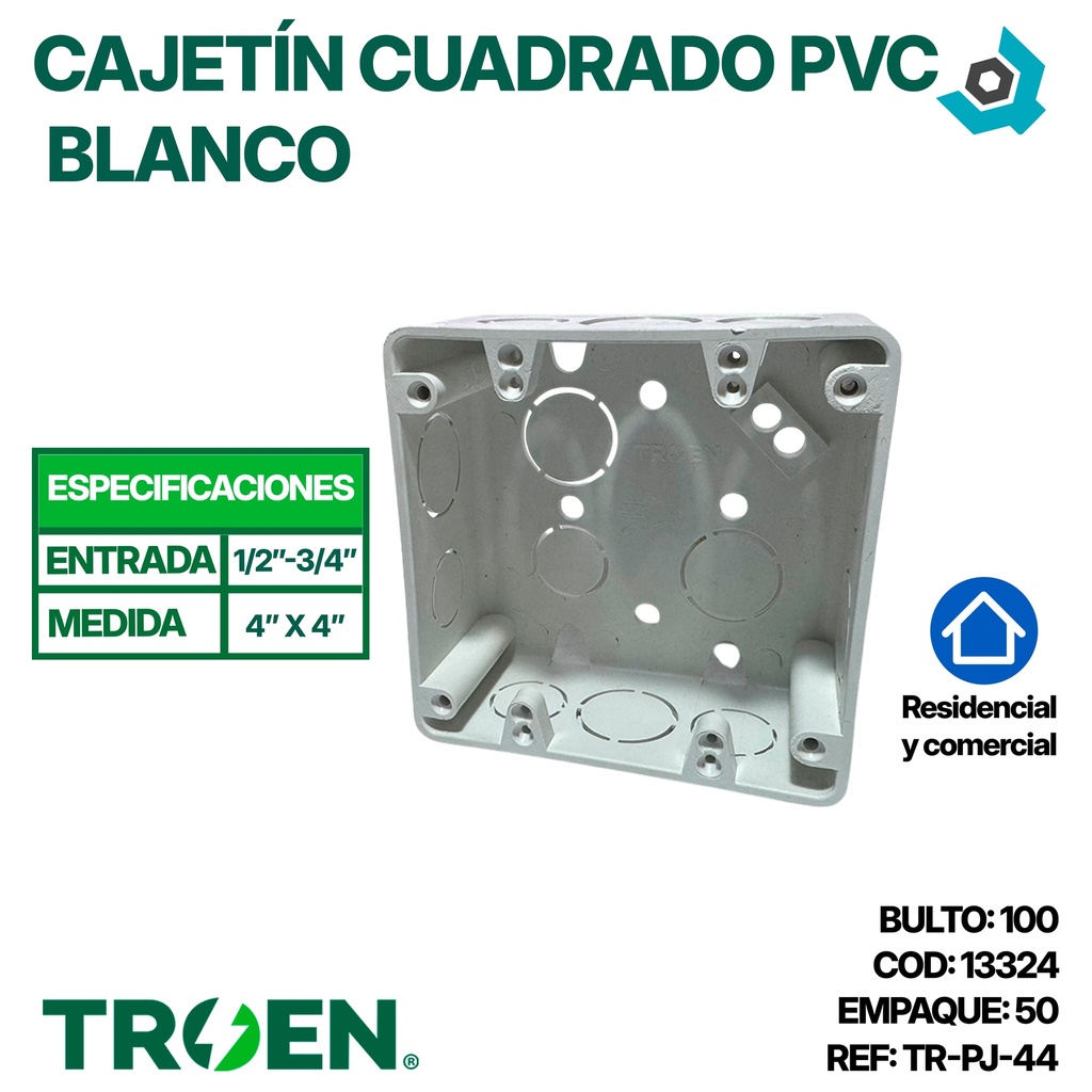 CAJETIN CUADRADO 4"X4" PVC TROEN