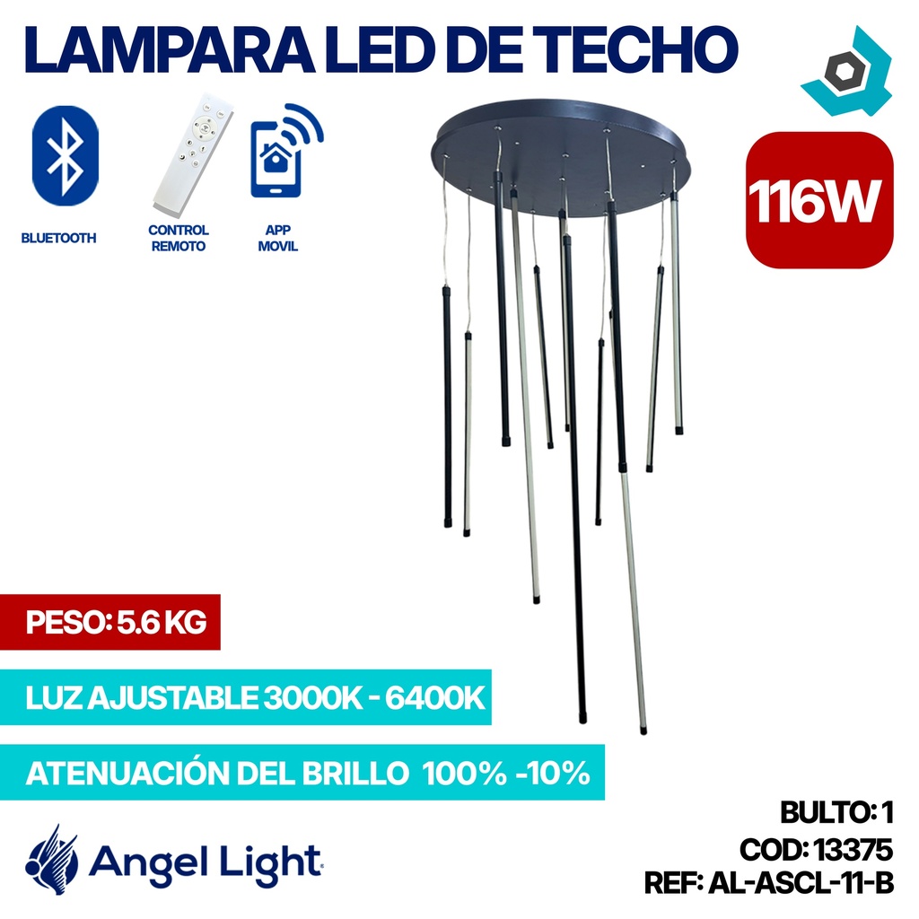 LAMPARA LED 116W DE TECHO LUZ AJUSTABLE NEGRA ANGEL LIGHT