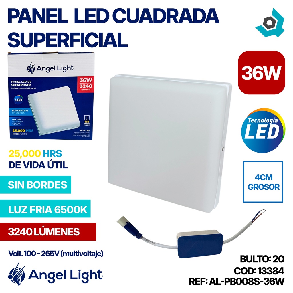 LAMPARA PANEL LED CUADRADO SUPERFICIAL LUZ FRIA 36W ANGEL LIGHT