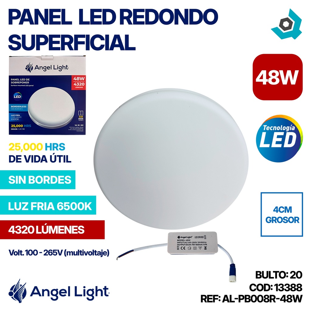 LAMPARA PANEL LED REDONDO SUPERFICIAL LUZ FRIA 48W ANGEL LIGHT