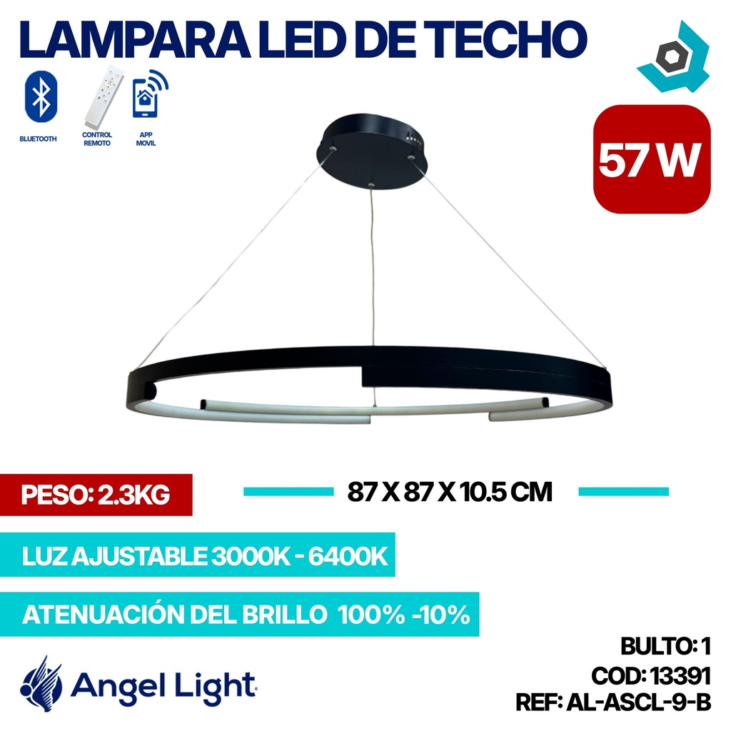 LAMPARA LED 57W DE TECHO LUZ AJUSTABLE  NEGRA ANGEL LIGHT
