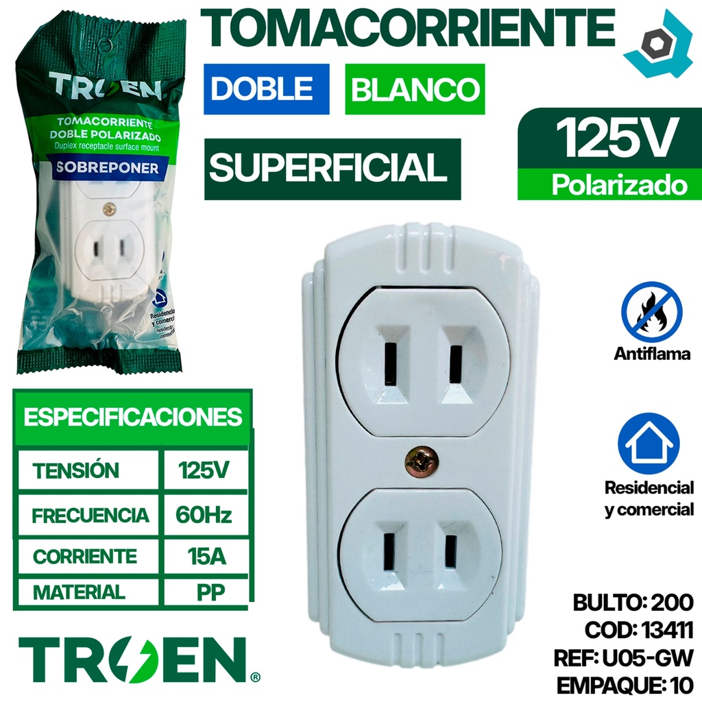 TOMACORRIENTE DOBLE 125V 15A POLARIZADO TROEN