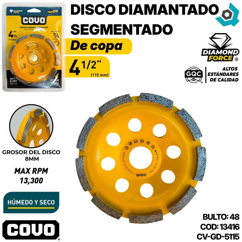 DISCO DIAMANTADO 4 1/2" SEGMENTADO DE COPA COVO