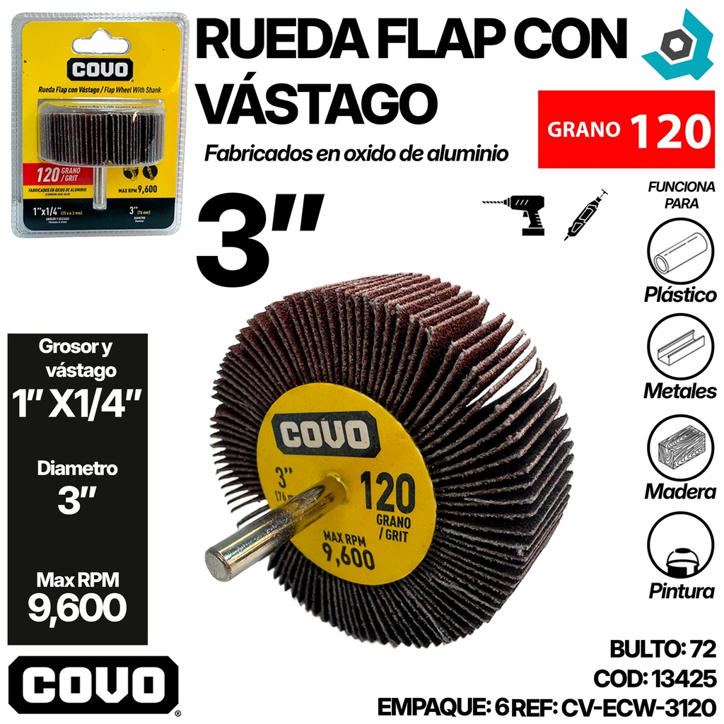 RUEDA FLAP 3" CON VASTAGO GRANO 120 COVO