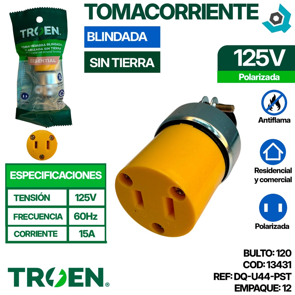 TOMACORRIENTE 125V BLINDADA SIN TIERRA TROEN