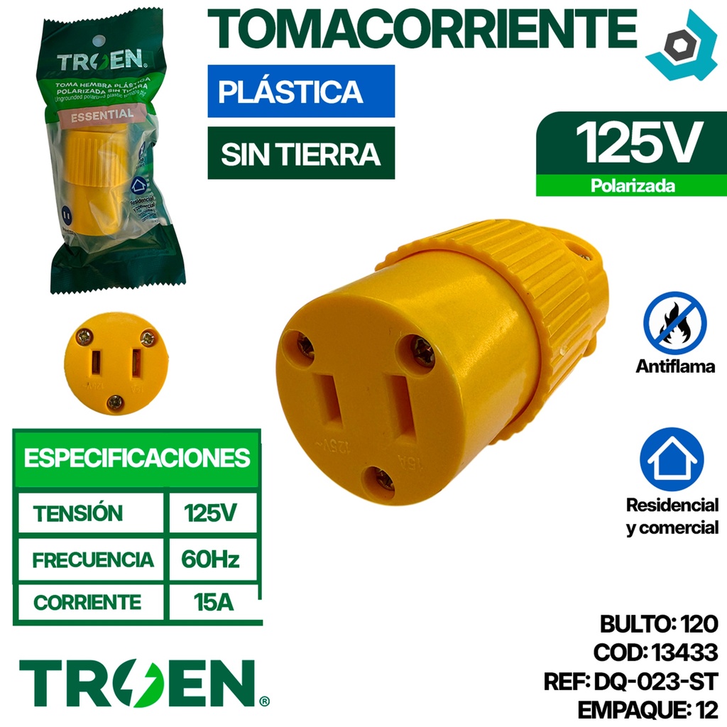 TOMACORRIENTE 125V PLASTICA SIN TIERRA TROEN