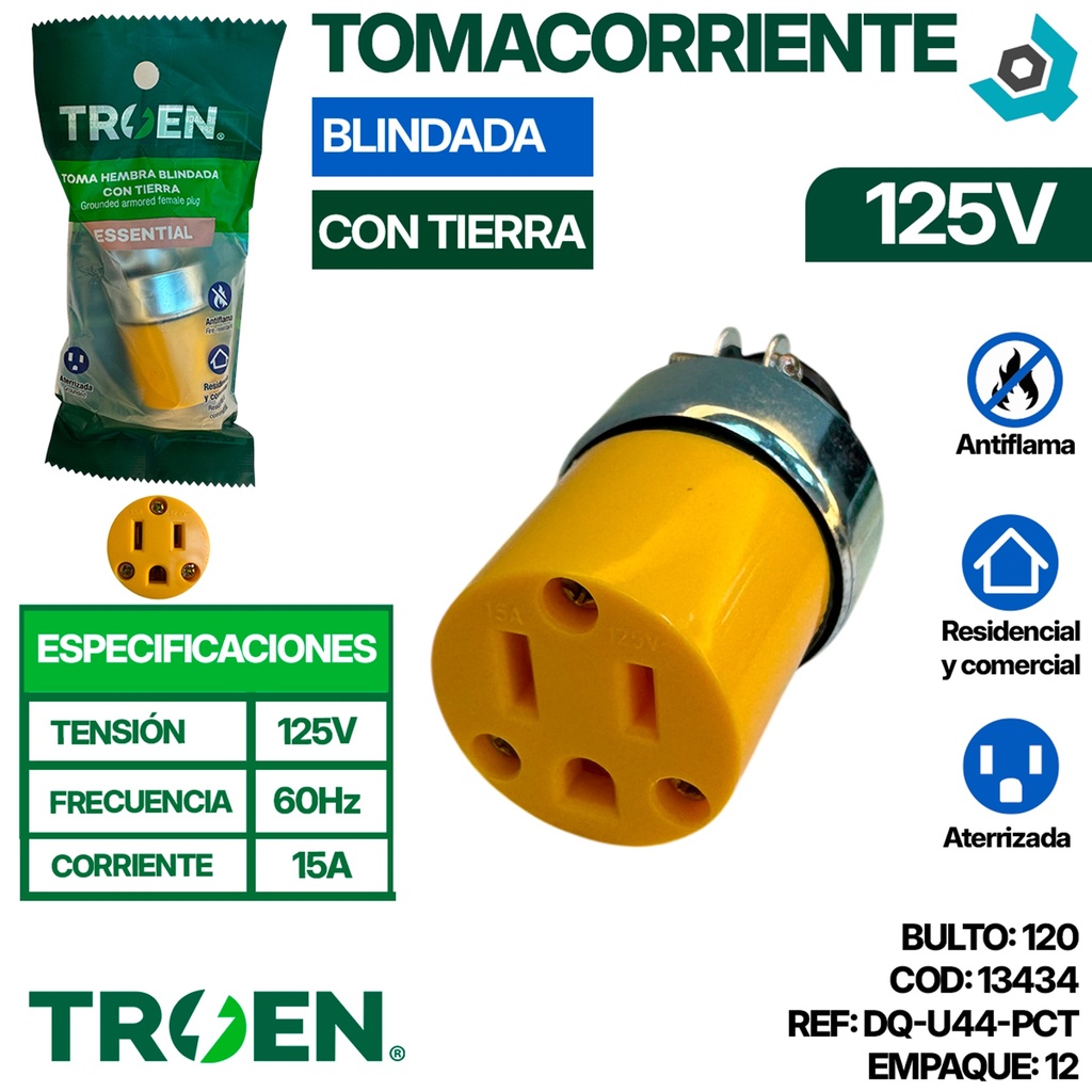 TOMACORRIENTE 125V BLINDADA CON TIERRA TROEN