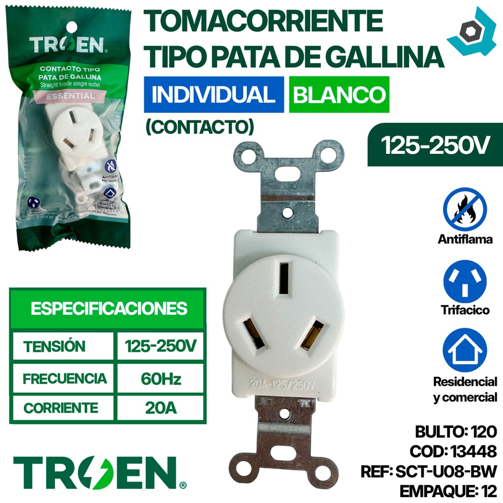 TOMACORRIENTE 125 - 250V TIPO PATA DE GALLINA (CONTACTO) TROEN