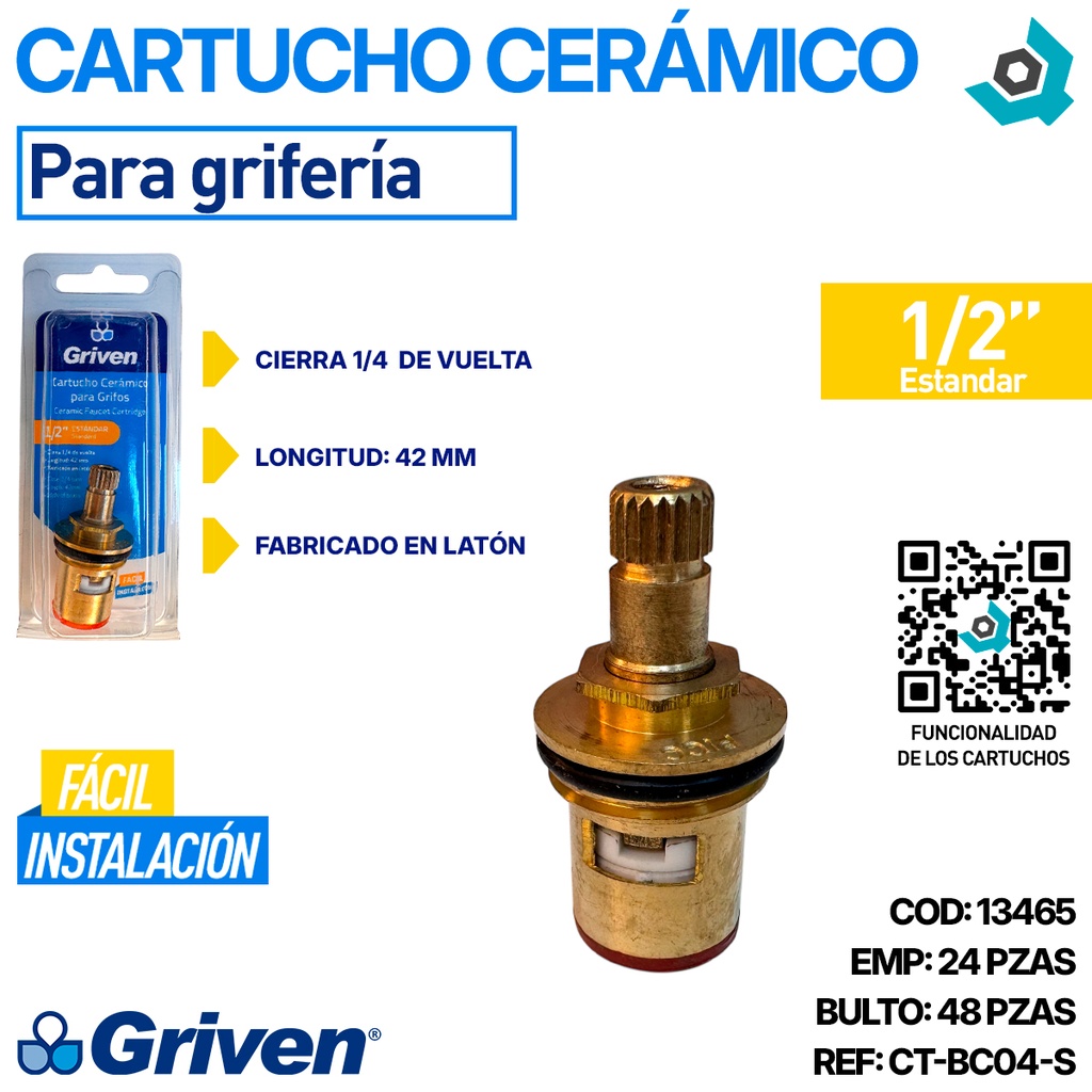 CARTUCHO CERAMICO 1/2" PARA GRIFERIAS GRIVEN