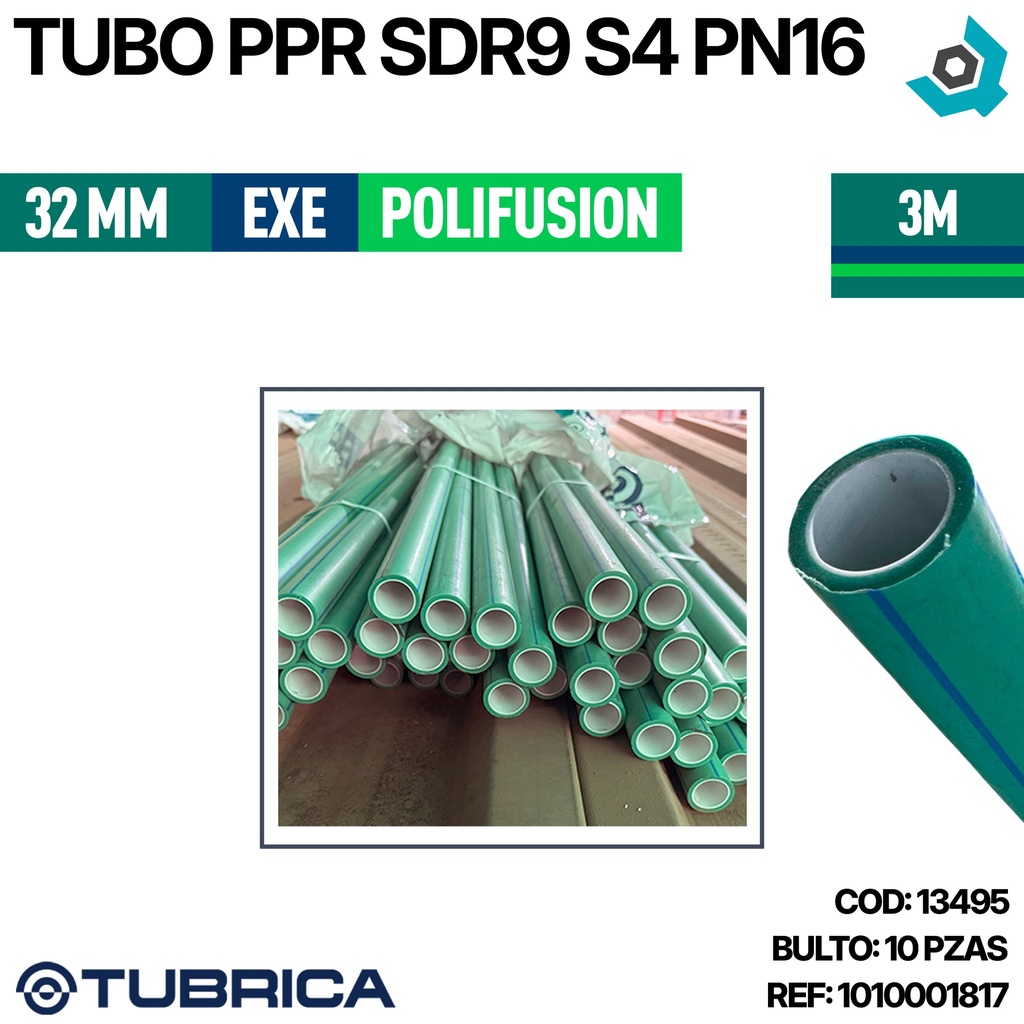 TUBO PPR 32MM SDR9 S4 PN16 3M EXE  POLIFUSION TUBRICA