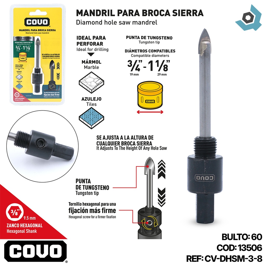 MANDRIL PARA MECHA (BROCA) SIERRA 3/4" - 1 1/8" COVO