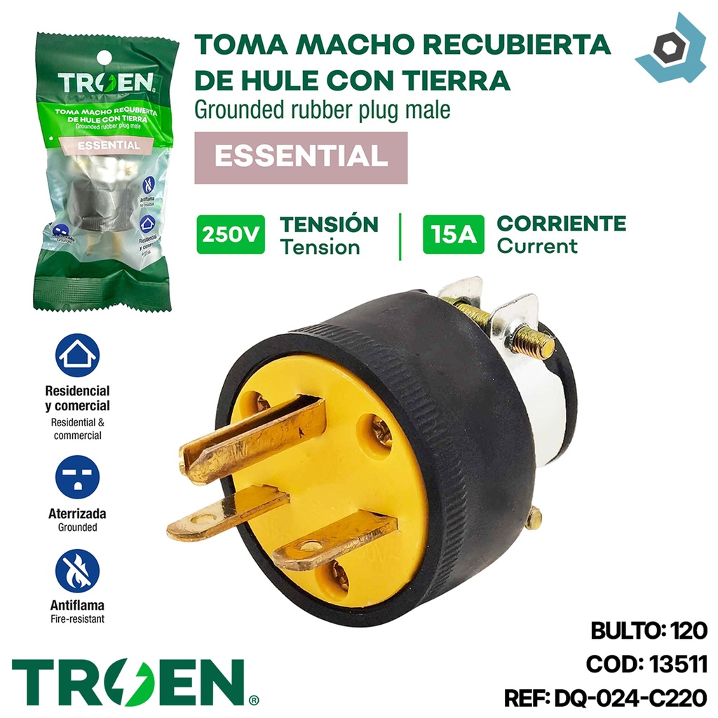 ENCHUFE RECUBIERTA DE HULE CON TIERRA 250V 15A TROEN
