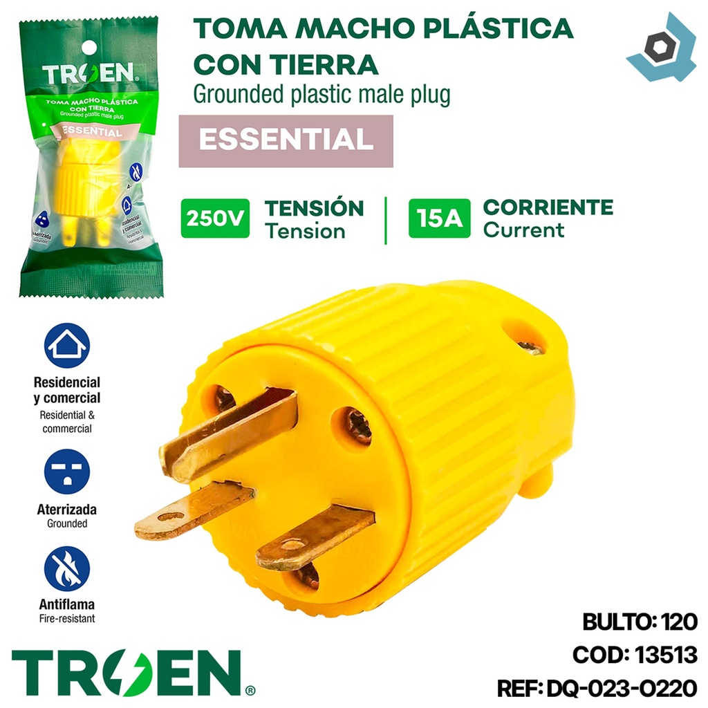 ENCHUFE MACHO PLASTICO CON TIERRA 250V 15A TROEN