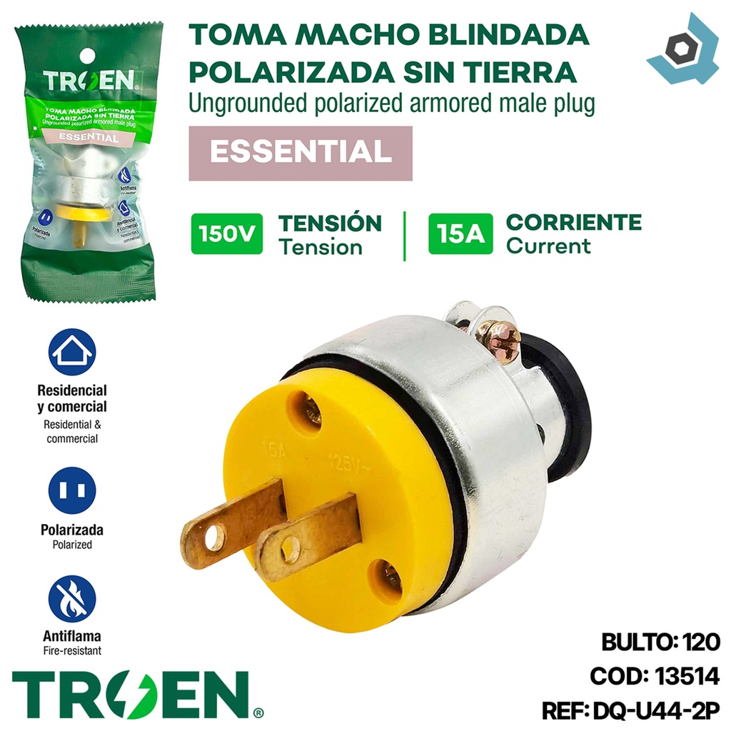 ENCHUFE BLINDADO POLARIZADO SIN TIERRA 150V 15A TROEN