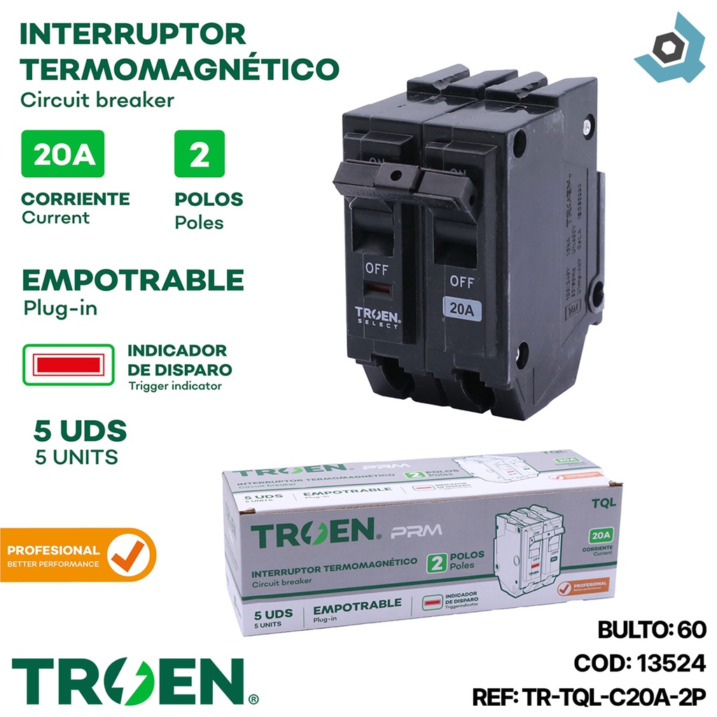 BREAKER TERMOMAGNETICO 20A 2P EMPOTRAR TQL TROEN