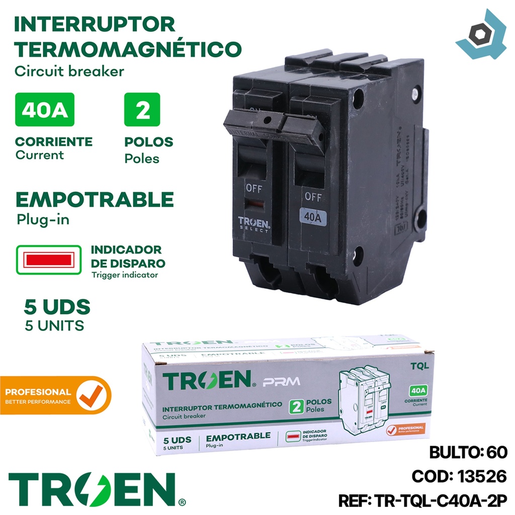 BREAKER TERMOMAGNETICO 40A 2P EMPOTRAR TQL TROEN